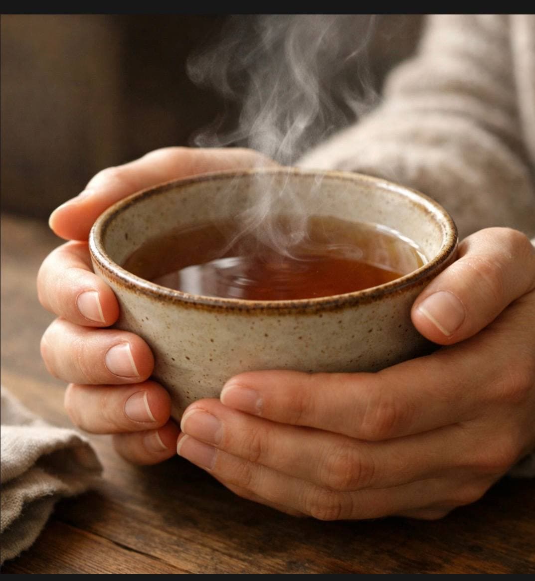 Quiet moment of reflection — hands holding a warm cup